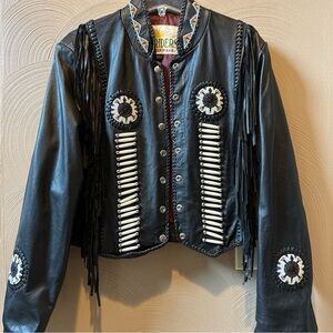 Sunriders Western Wear Size XL Black Leather Beaded Fringe Snap Close Jacket